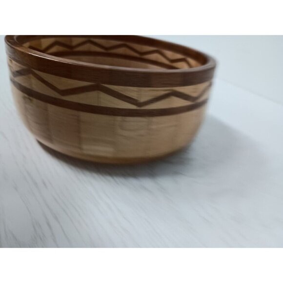 Vintage Red Oak Segmented Wood Round Serving Bowl Salad Rustic Hand Carved - Picture 4 of 8